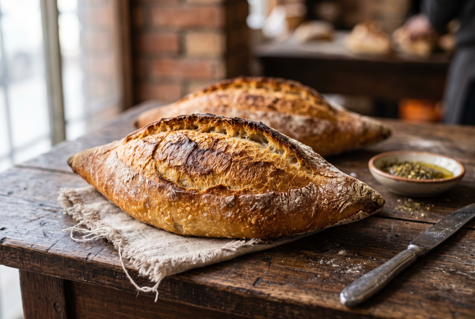 Four diamond-shaped Iraqi samoon loaves with golden crackled crusts cooling on a wire rack
