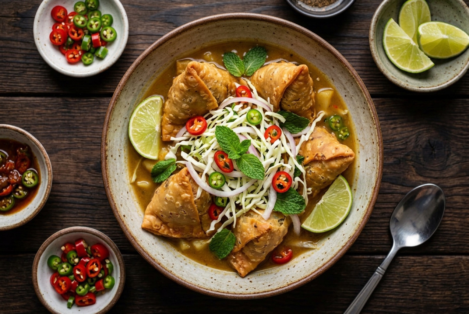 Burmese samosa salad: torn samosa pieces in yellow potato curry with cabbage, raw onion and mint