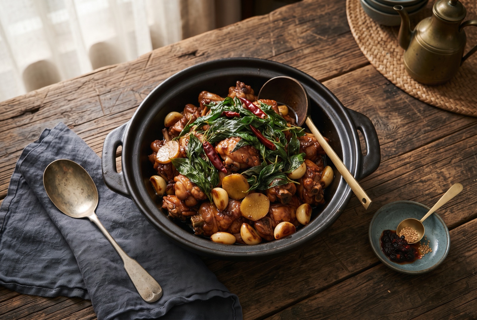 Cast-iron pan of Taiwanese three-cup chicken, glazed bone-in pieces with whole garlic cloves, ginger coins and wilted basil leaves