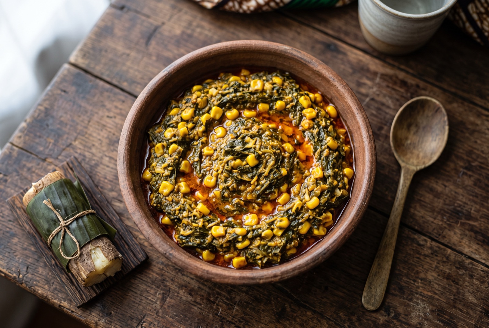 Thick dark green sanga of cassava leaves and yellow maize kernels glossy with red palm oil in an iron pot