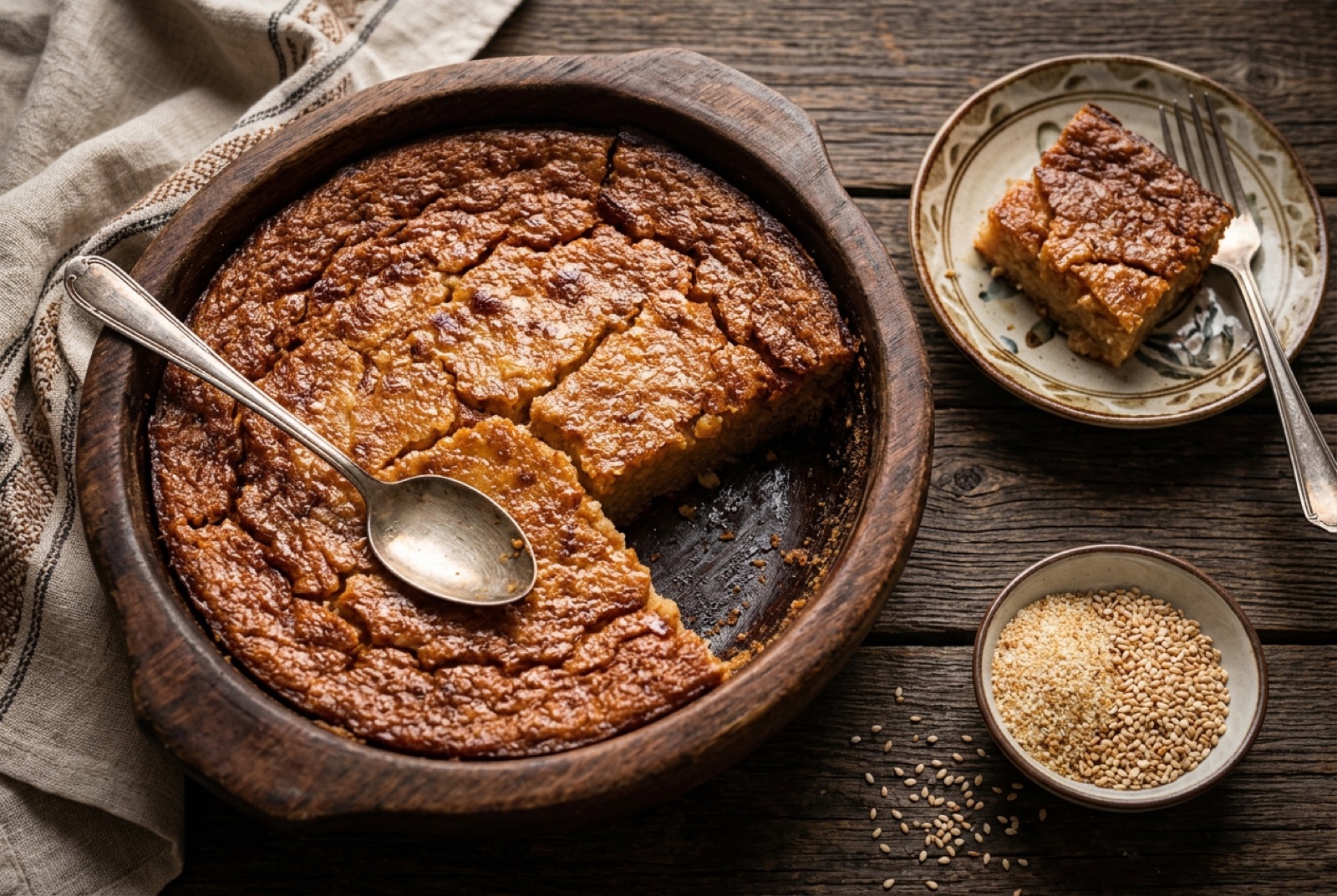 Diamond-cut slices of Burmese semolina coconut cake with a dark cracked top scattered with poppy seeds