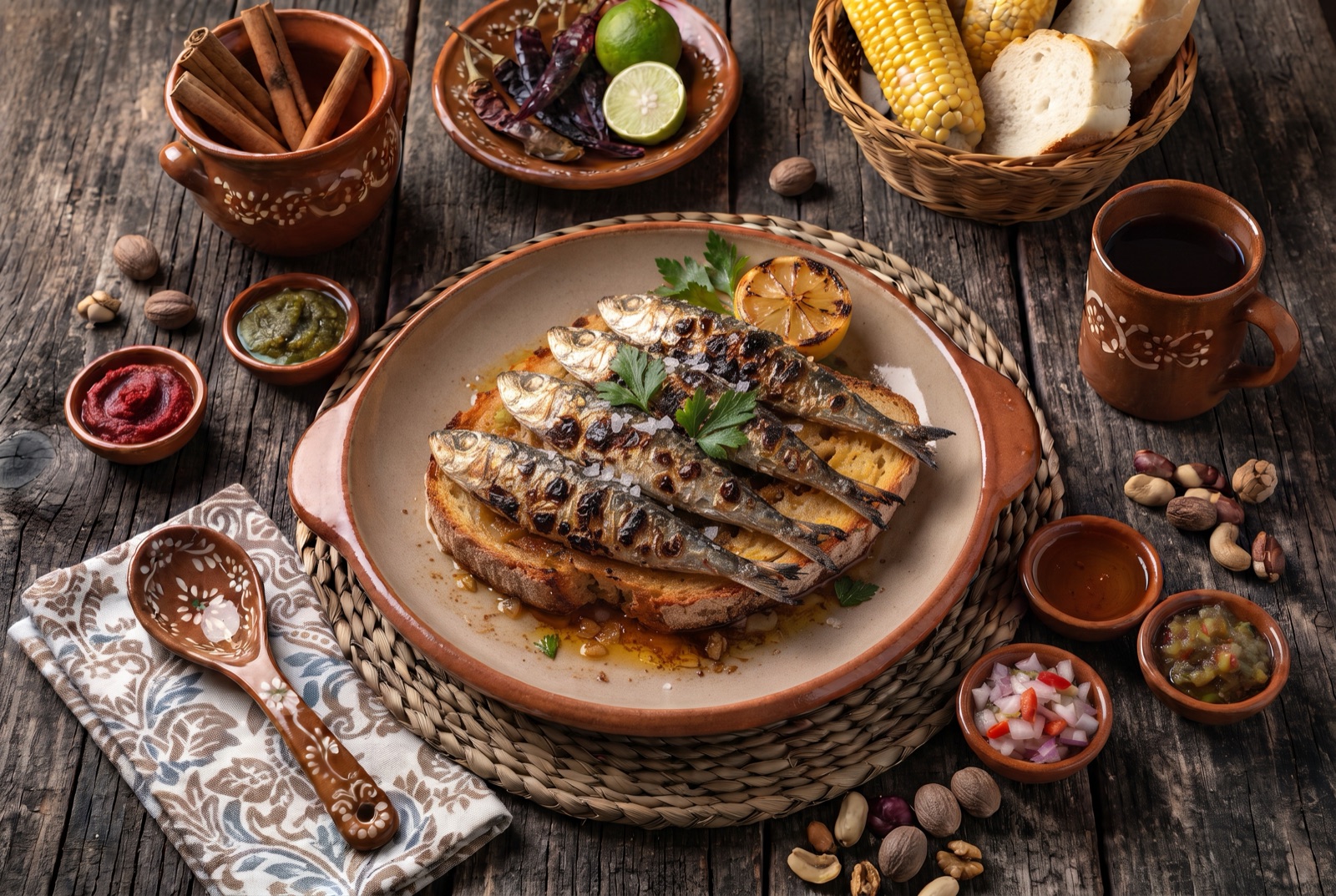 Whole sardines with blistered skin grilling over glowing charcoal, served on thick slices of bread
