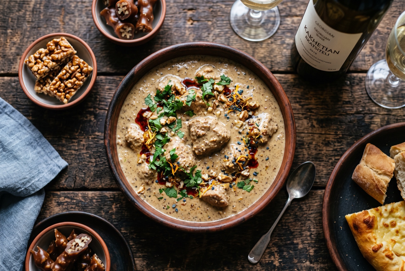 Pieces of turkey coated in thick pale yellow walnut sauce, scattered with pomegranate seeds in a shallow dish