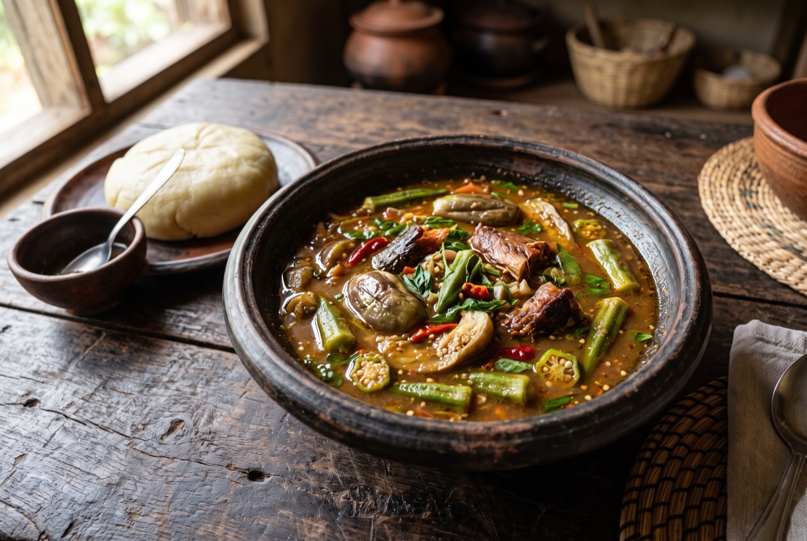 A thin cloudy broth in a bowl with pieces of okra, crushed aubergine and flakes of smoked fish