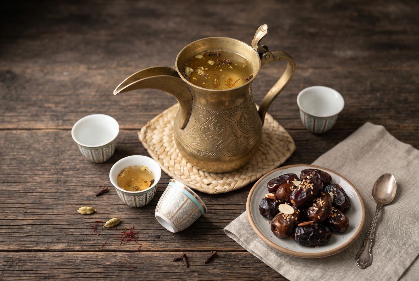A brass dallah pouring pale gold Saudi gahwa into a small handleless cup beside a plate of dates