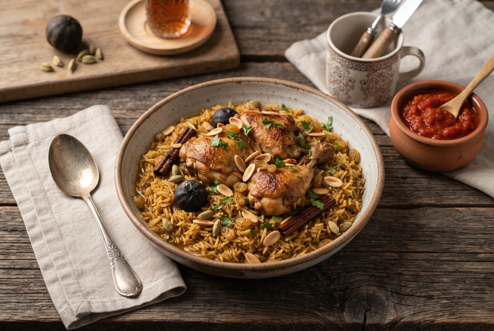 Wide platter of Saudi kabsa — golden spiced basmati rice topped with browned chicken pieces, raisins and toasted almonds, with a bowl of red daqoos sauce beside it
