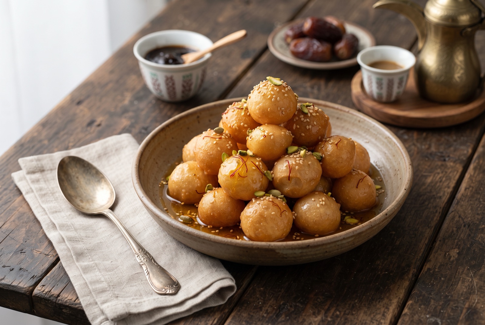 A plate of golden luqaimat dough balls glazed in dark syrup and scattered with sesame seeds and pistachios