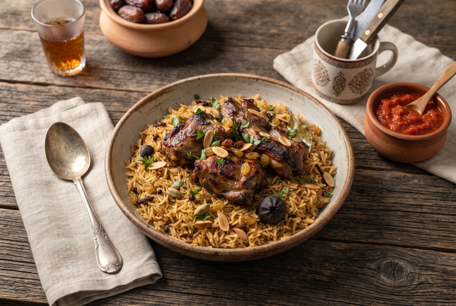 Platter of Saudi mandi — pale saffron-marbled basmati rice topped with falling-apart smoked lamb shoulder, slivered almonds and raisins