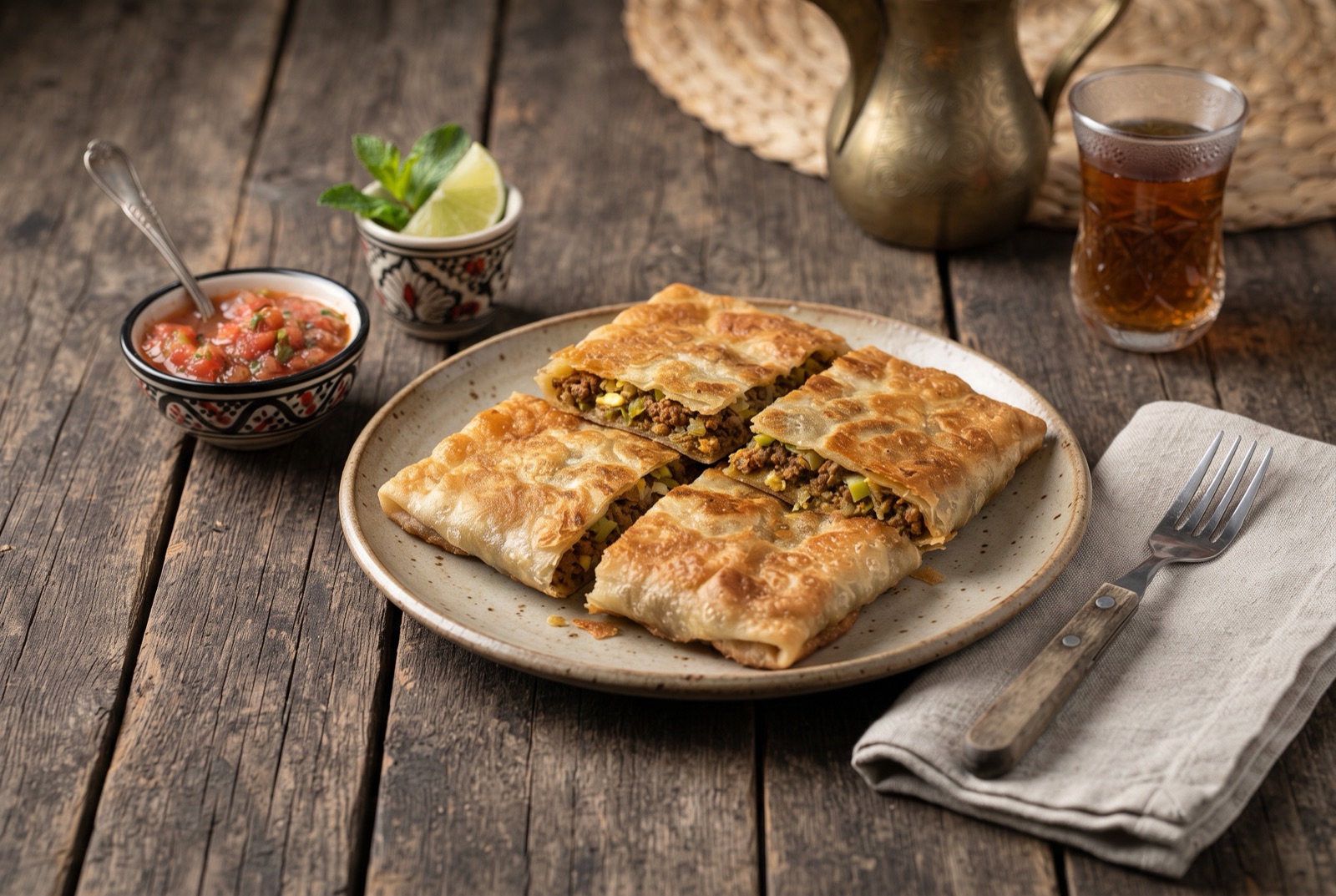 Square of Saudi mutabbaq cut open to show spiced minced beef, leek and set egg inside a crisp blistered pastry