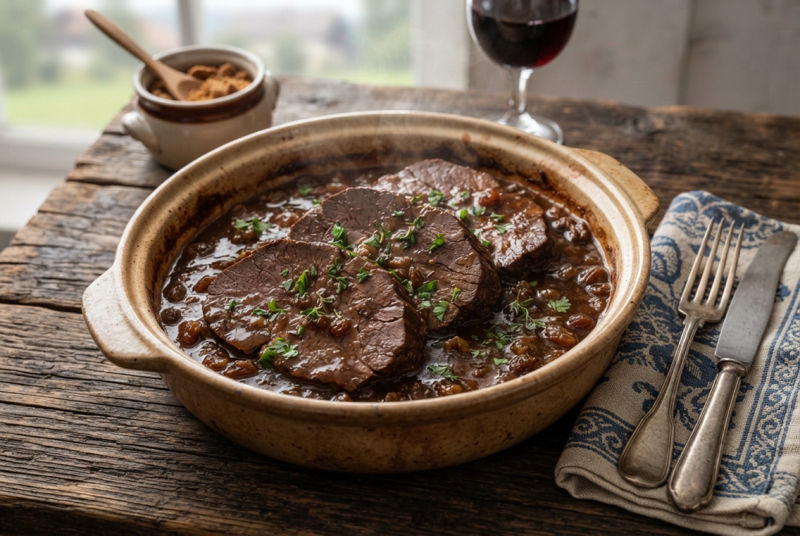 Sliced Sauerbraten pot roast fanned on a plate under dark raisin gravy with potato dumplings and red cabbage
