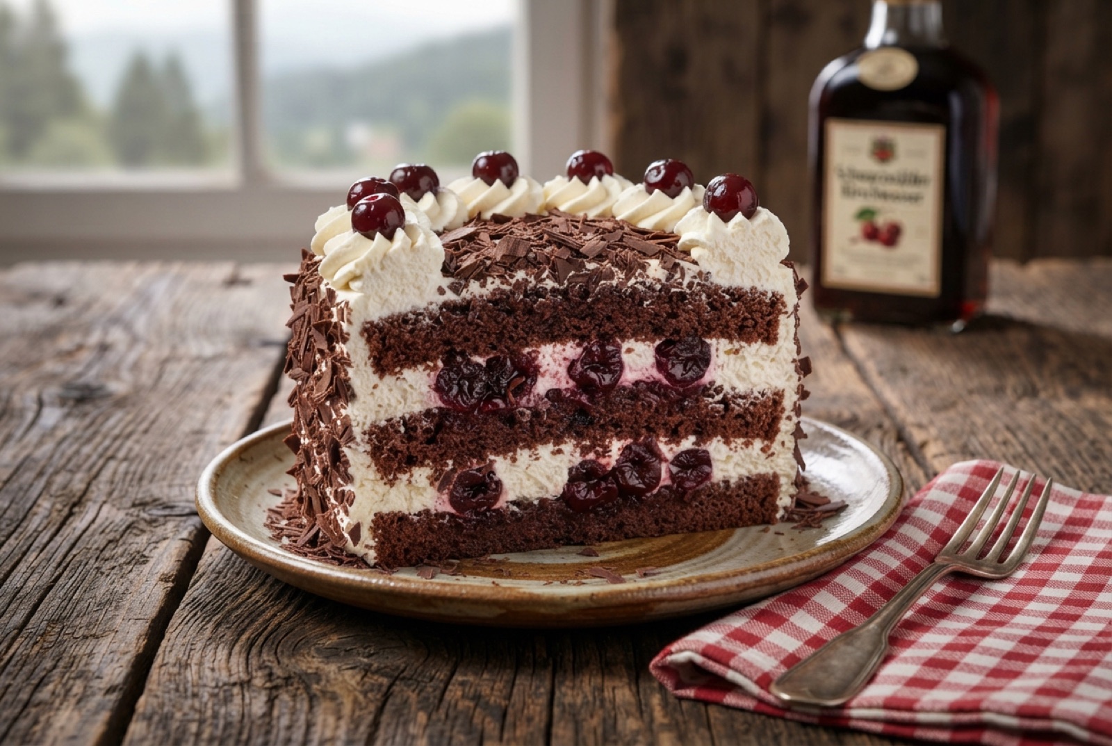 Slice of Black Forest cake showing chocolate sponge layers with sour cherries, whipped cream and chocolate curls