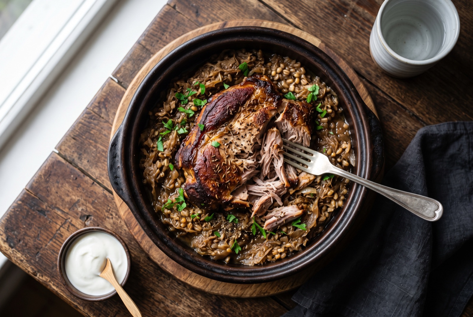 Pulled roast pork shoulder resting on amber braised sauerkraut with barley in a roasting tin