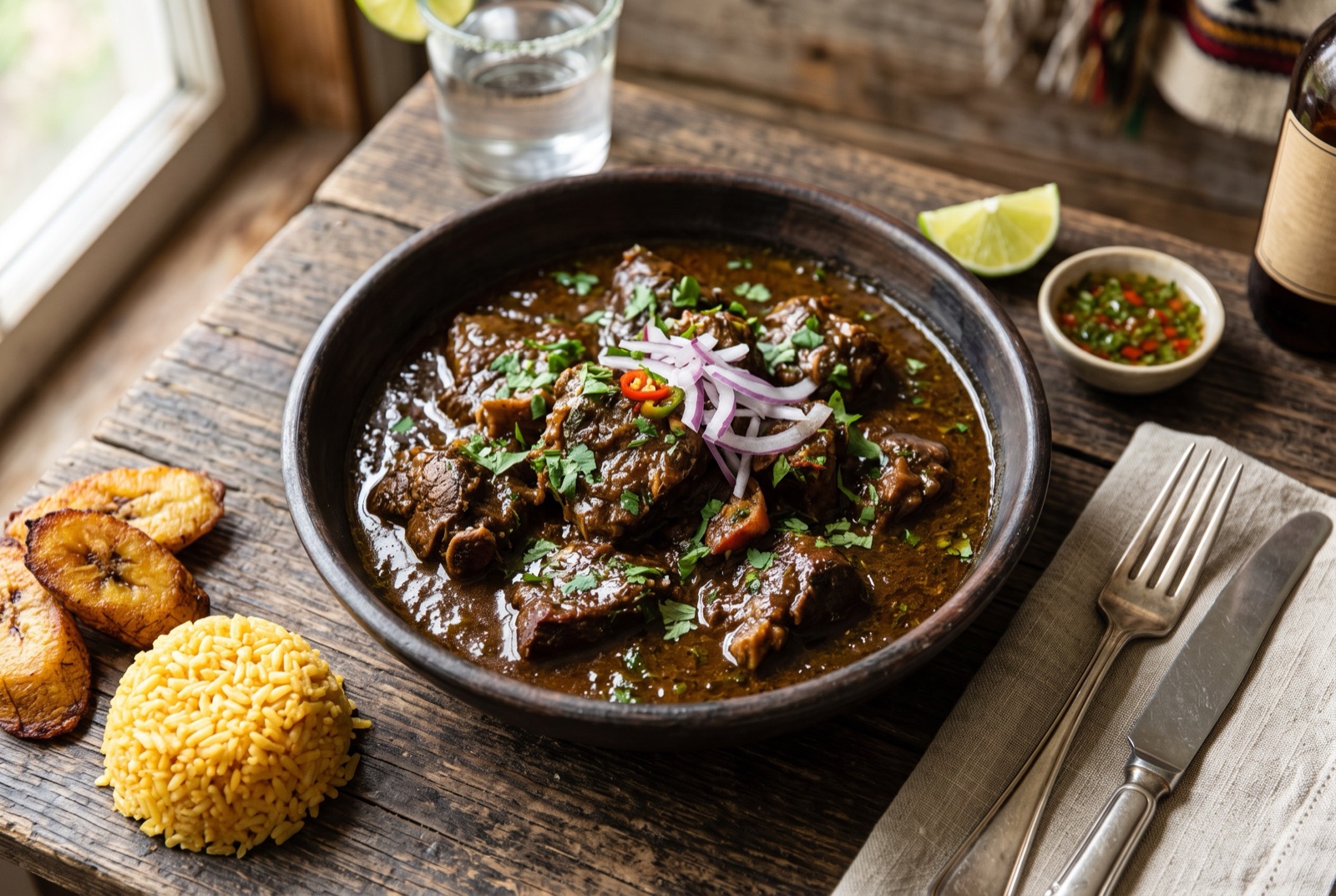 Bowl of Ecuadorian goat stew in dark green-brown sauce beside white rice, fried plantain and avocado slices