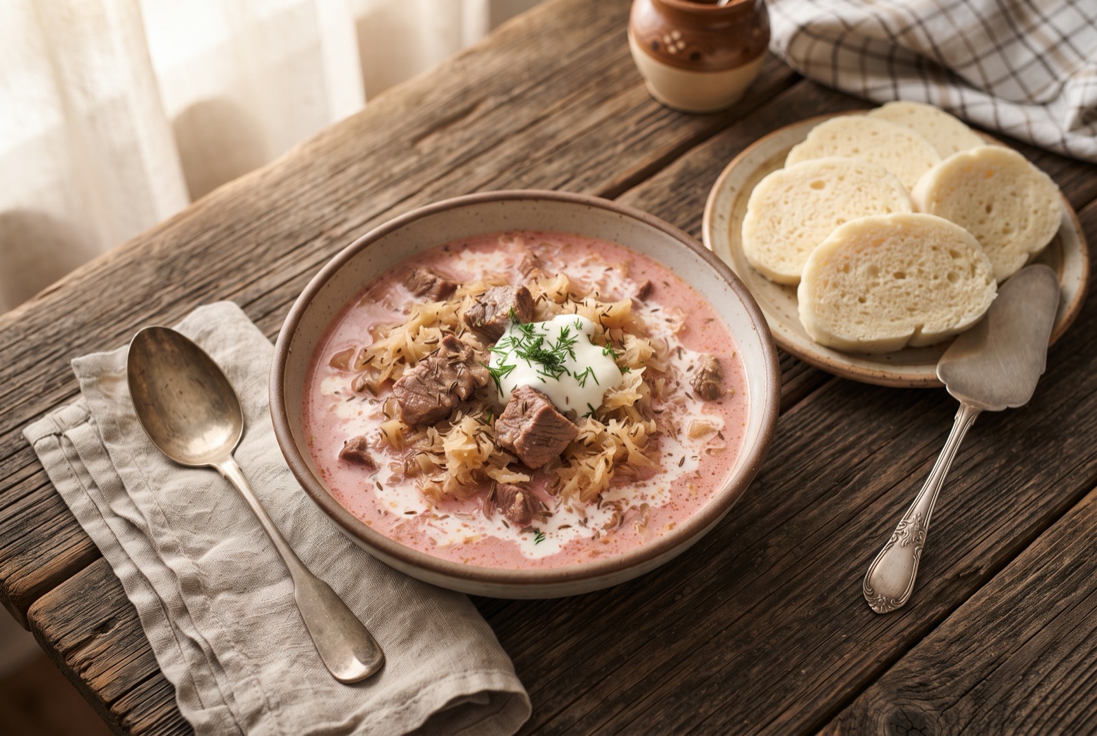 Bowl of Slovak pork and sauerkraut goulash in pale pink paprika sauce with sliced bread dumplings