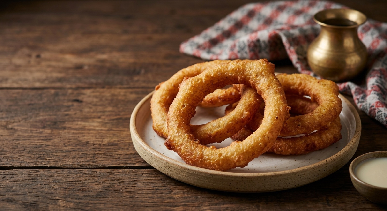 Stack of golden-brown Nepali sel roti rings of fried fermented rice batter beside a bowl of yogurt