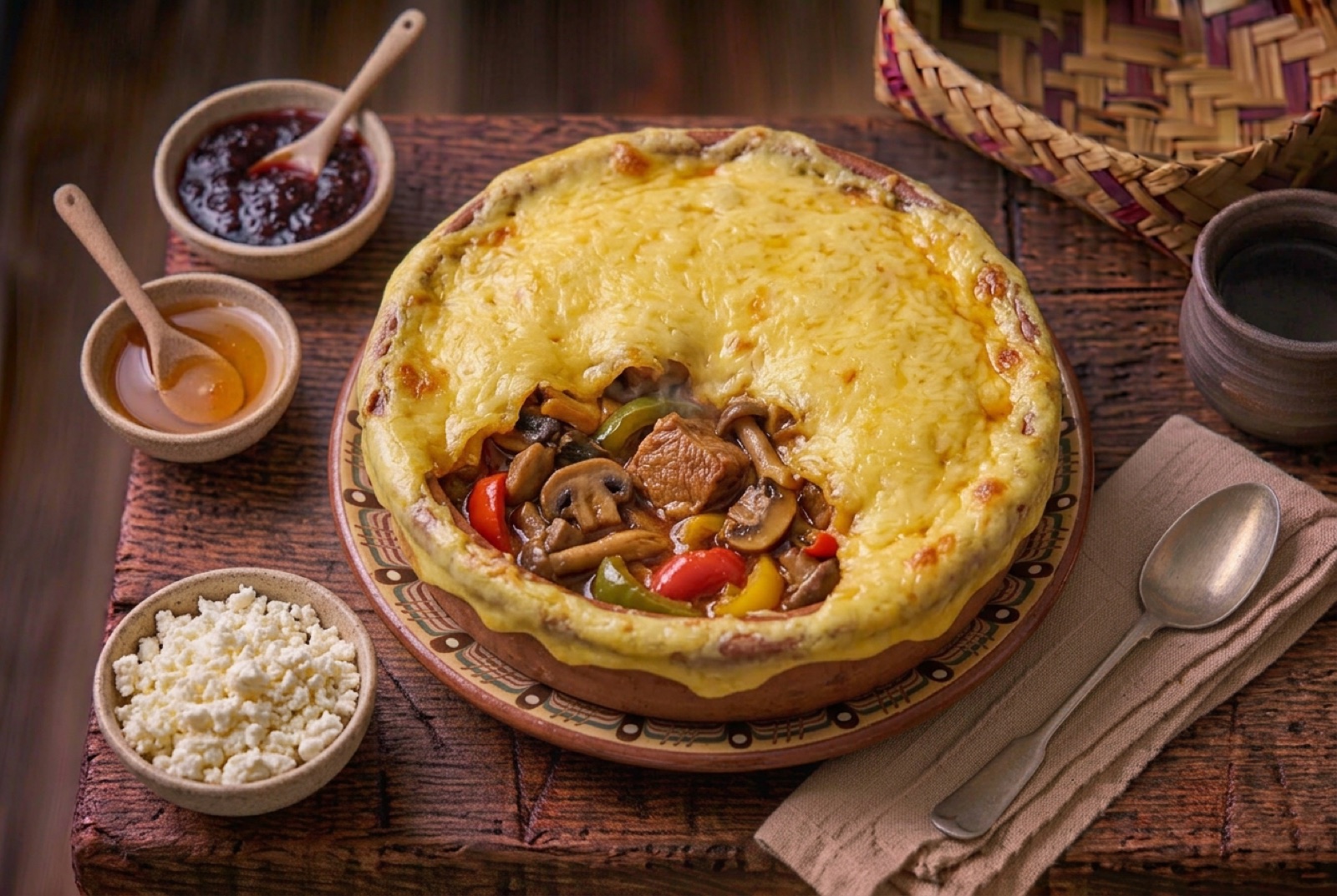 Clay pot of braised pork and mushrooms in paprika sauce under a browned lid of melted yellow cheese