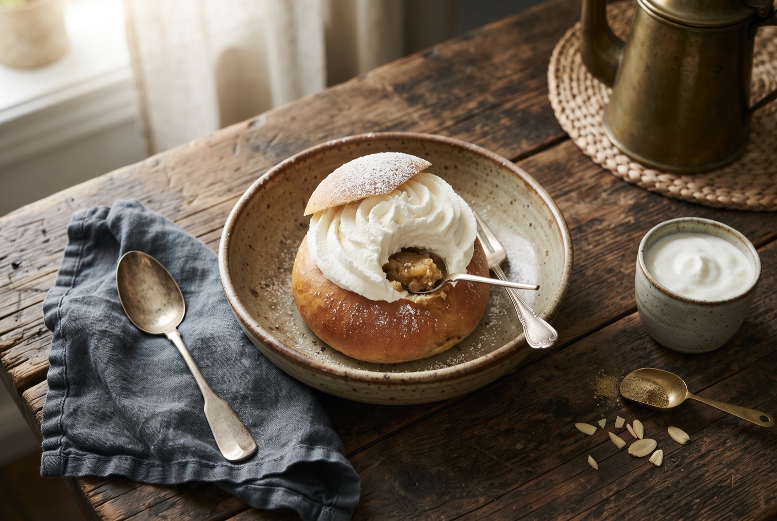 Swedish semla bun filled with almond paste and whipped cream, lid on top and dusted with icing sugar