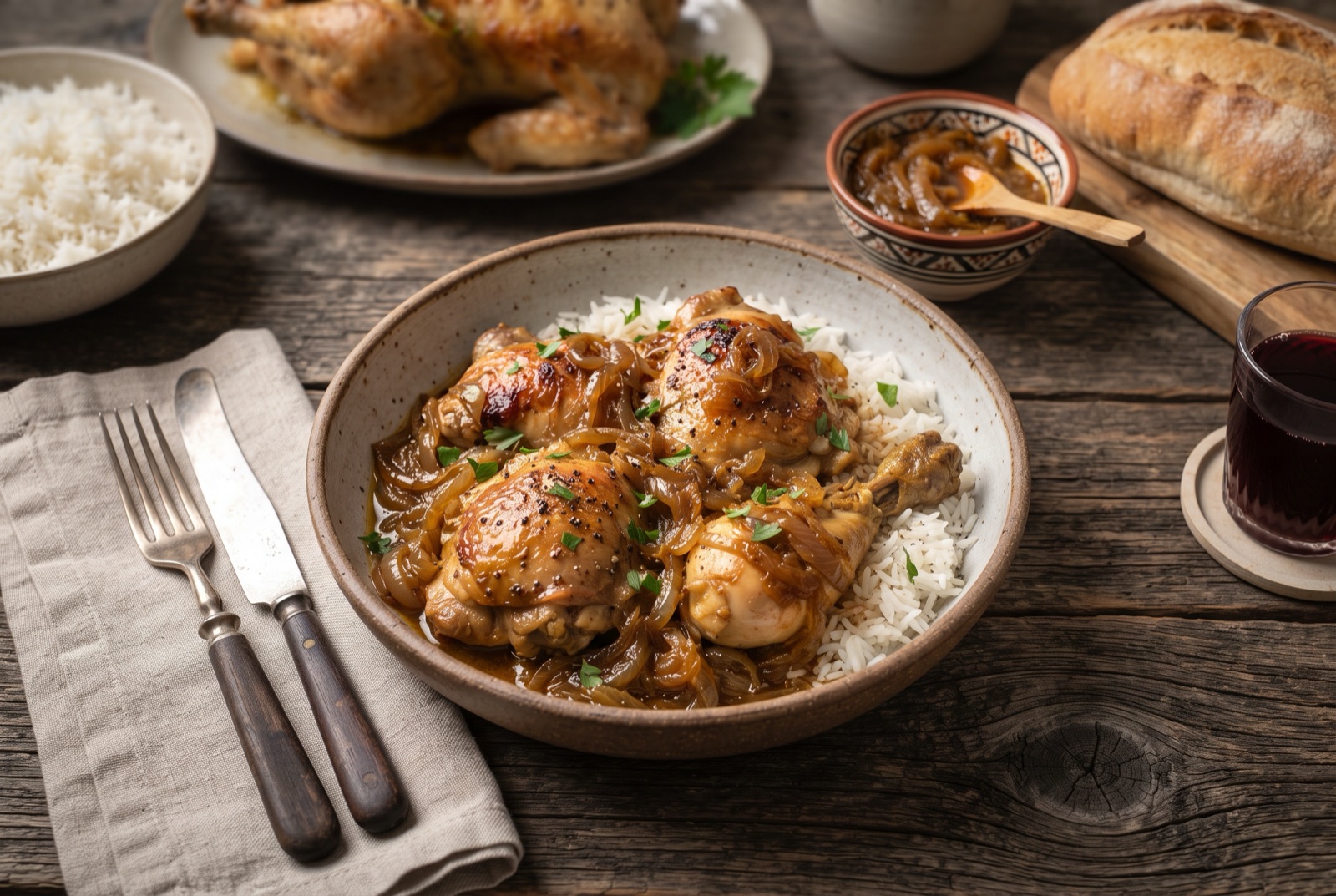 Browned chicken pieces buried in a tangle of softened golden onions with lemon wedges and white rice alongside