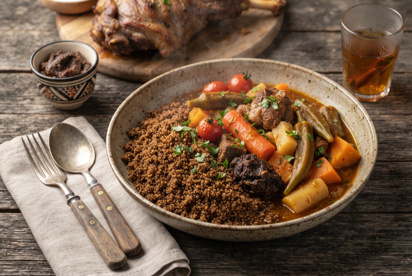 Platter of pale millet couscous hollowed in the centre and filled with lamb, pumpkin, cabbage and carrot in red sauce