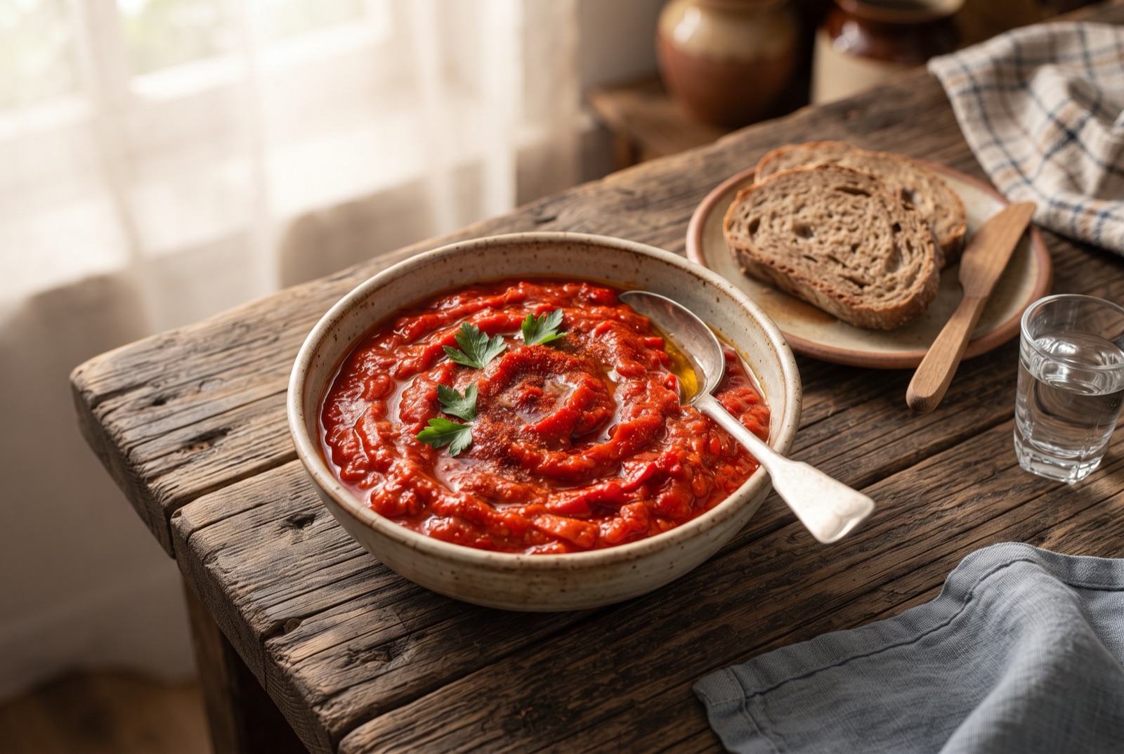 Thick brick-red ajvar spooned from a jar onto white bread, with roasted red peppers beside it