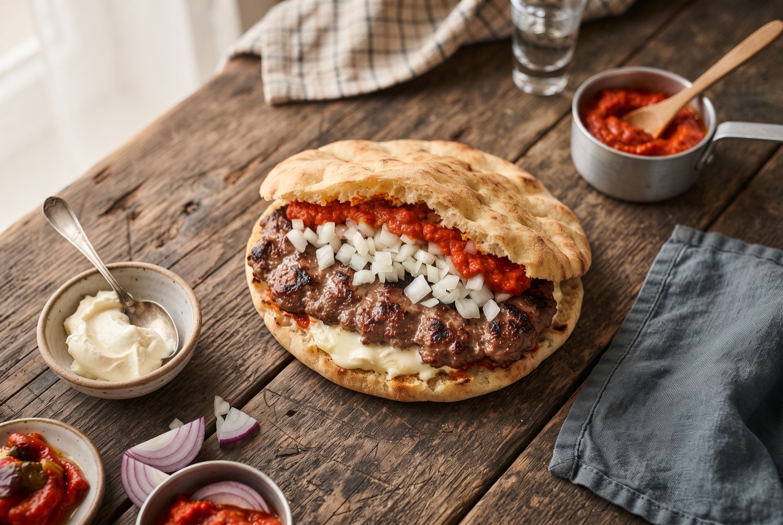 Wide charred pljeskavica patty in split lepinja bread with melting kajmak, chopped raw onion and red ajvar