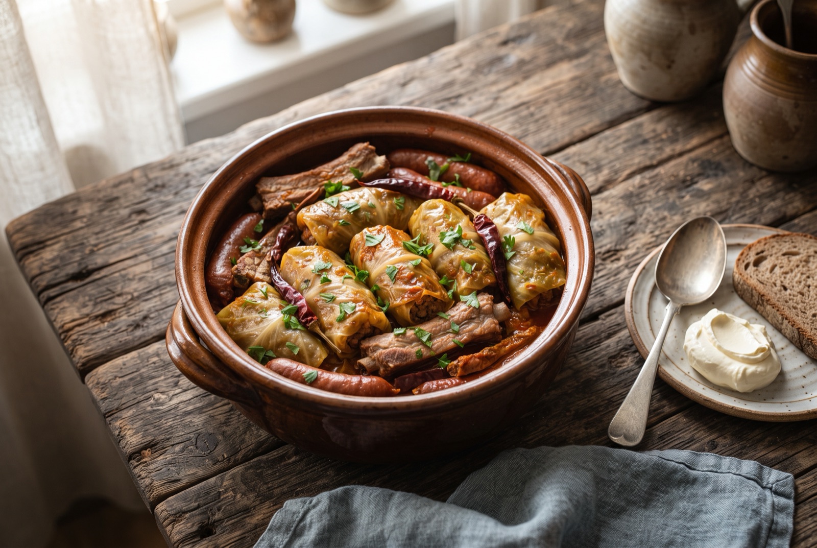 Pot of Serbian sarma — sour cabbage rolls layered with smoked pork ribs in paprika broth