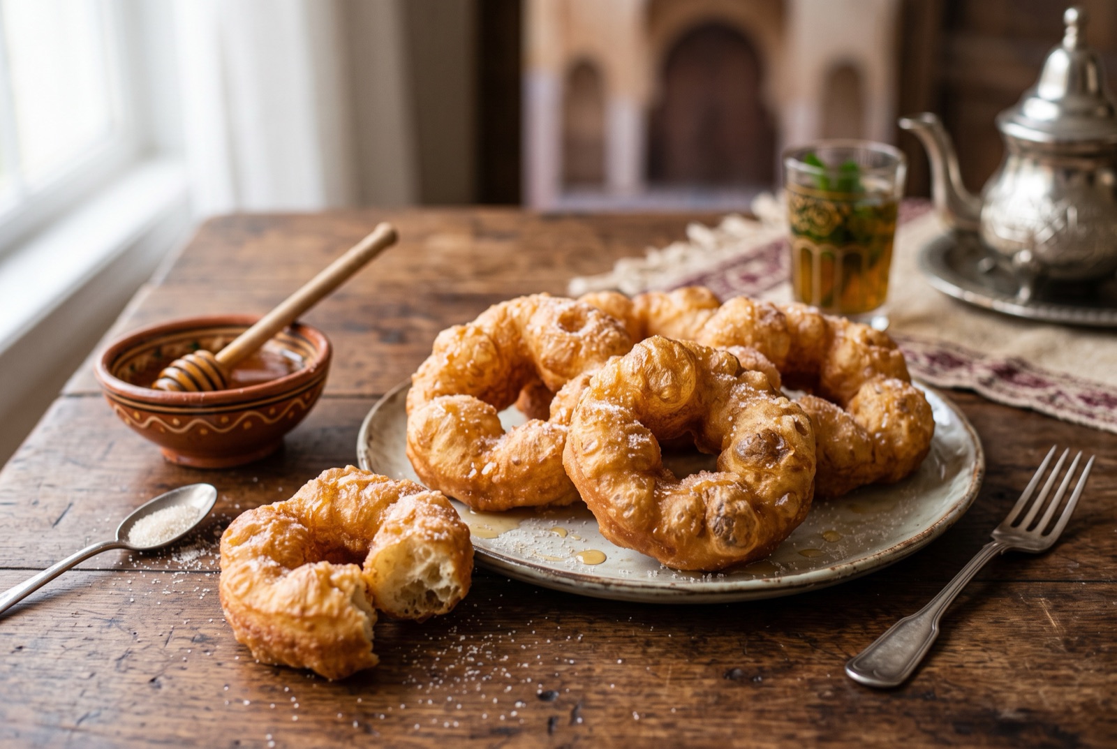 Golden blistered sfenj doughnut rings piled on paper, one dipped in honey with steam rising