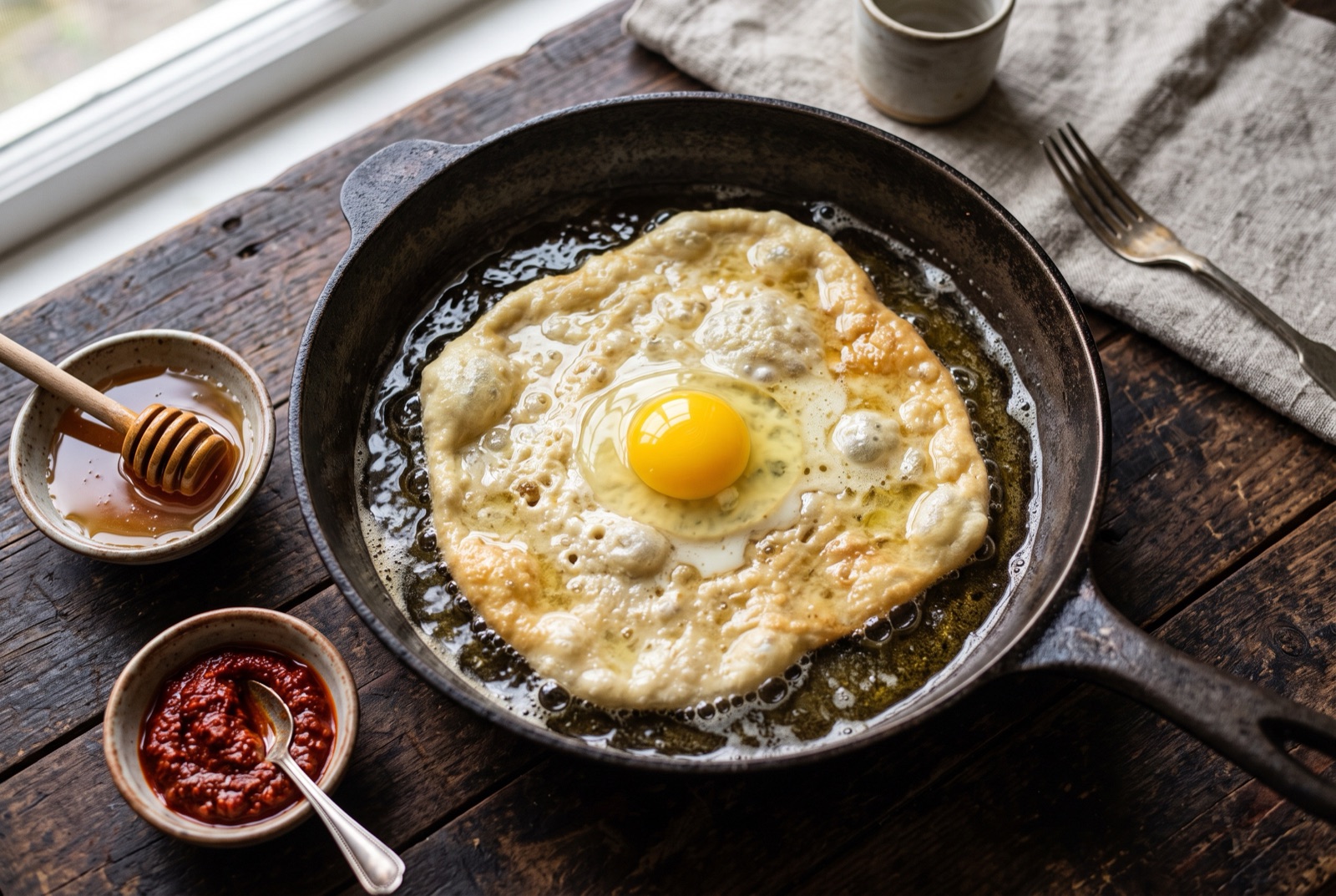 A golden fried Libyan sfinz disc with a soft egg set into its centre, honey and harissa in dishes beside it