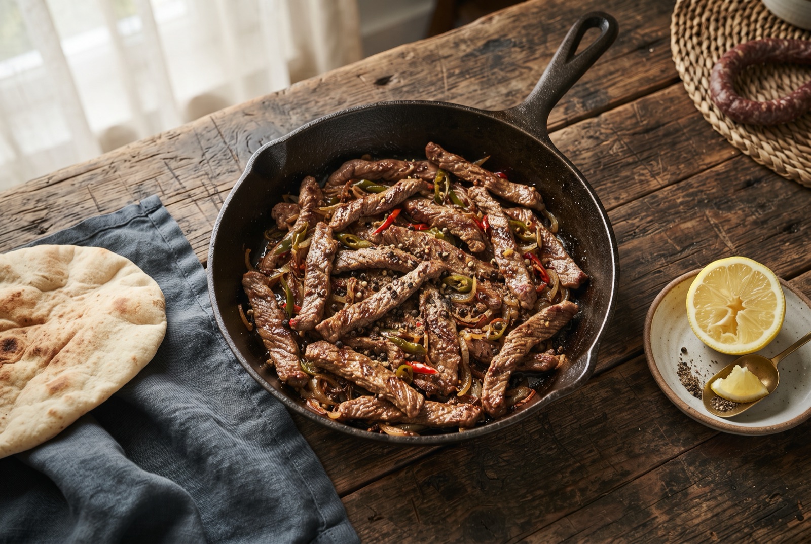 Seared strips of peppery Sudanese beef with softened onion in a black cast-iron pan