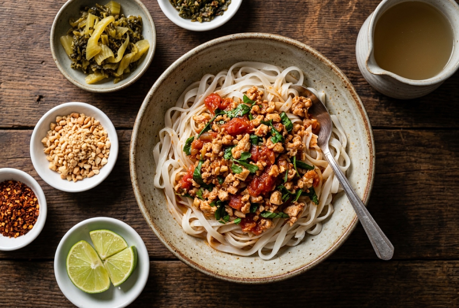 Shan noodles: flat rice noodles under tomato minced chicken sauce with pickled greens and peanuts on the side