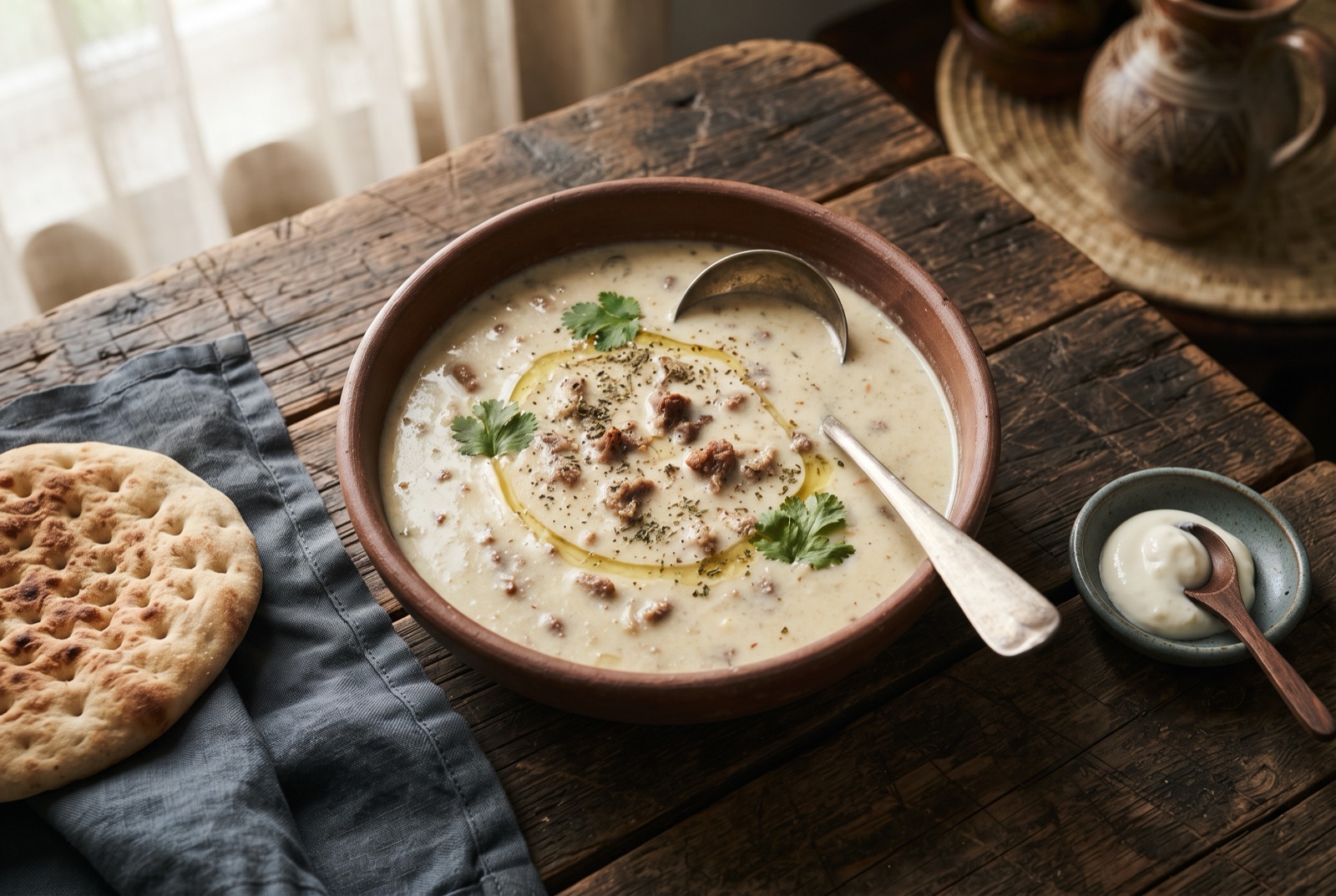 Bowl of pale ivory Sudanese soup with strands of dried beef and a spoon resting on the rim