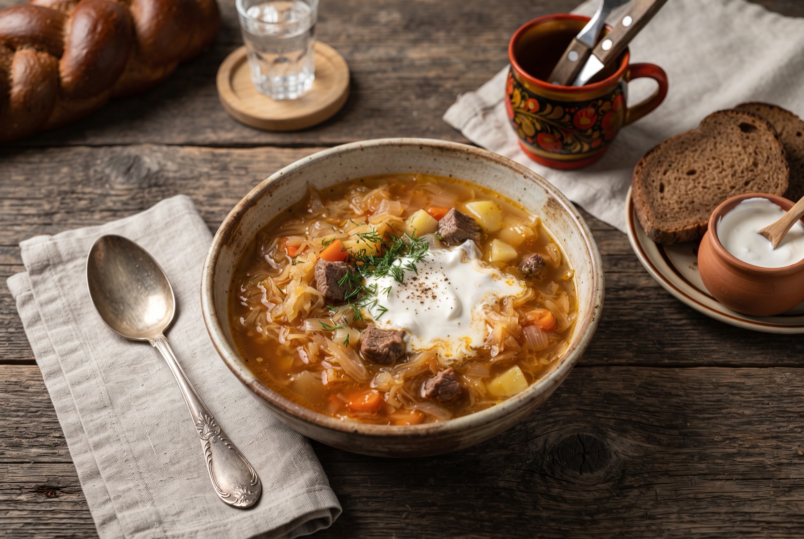 Bowl of Russian shchi cabbage soup with beef and potato, topped with sour cream and chopped dill