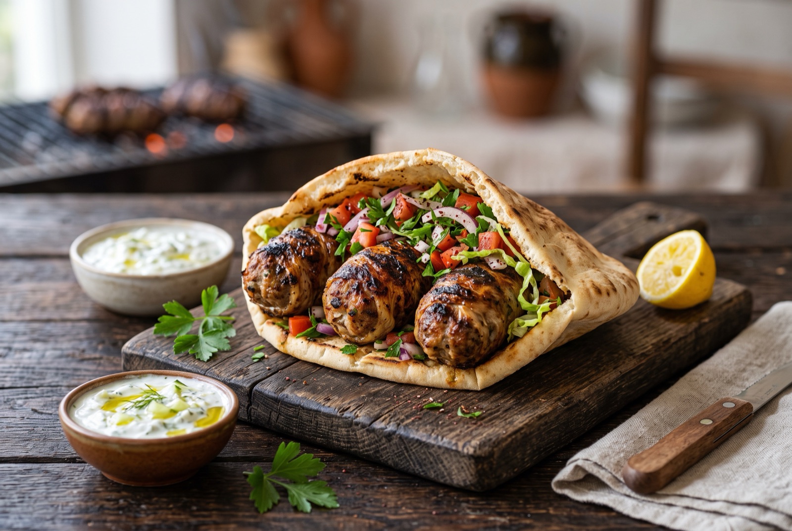 Grilled Cypriot sheftalia rolls with crisp caul-fat skin on a charcoal grate, pita and lemon wedges nearby