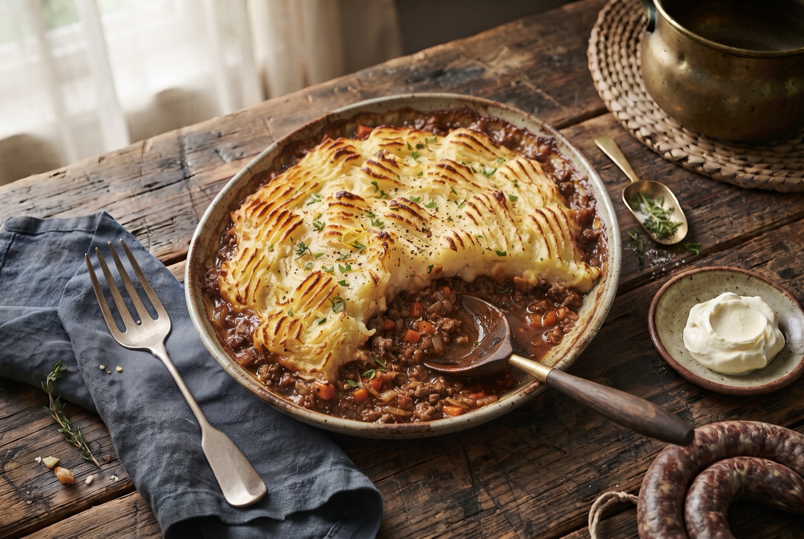 Shepherd's pie in a dish with browned forked mashed potato and lamb gravy bubbling at the edge