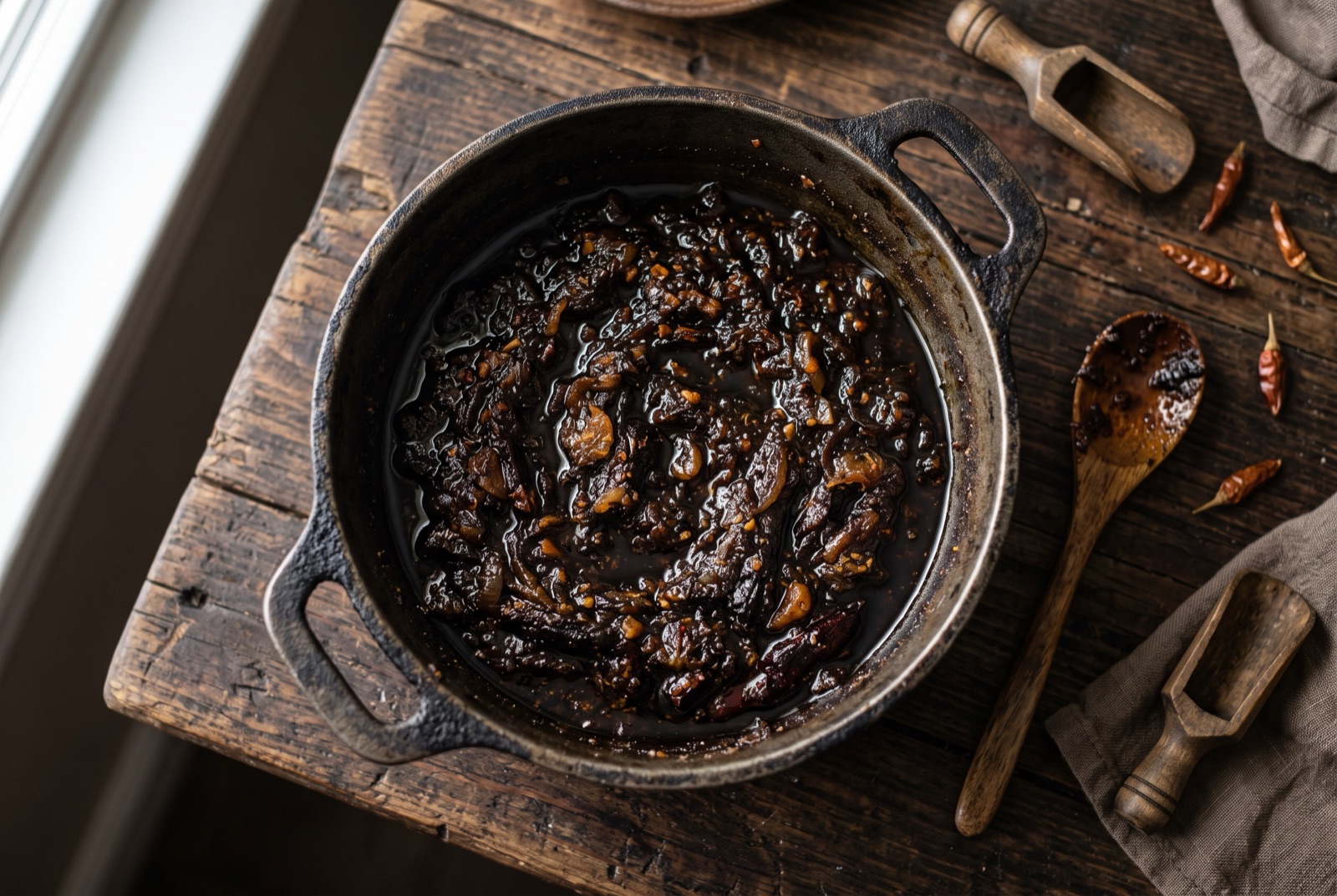 Jar of near-black Ghanaian shito chili sauce under a layer of dark oil, with a spoonful beside it