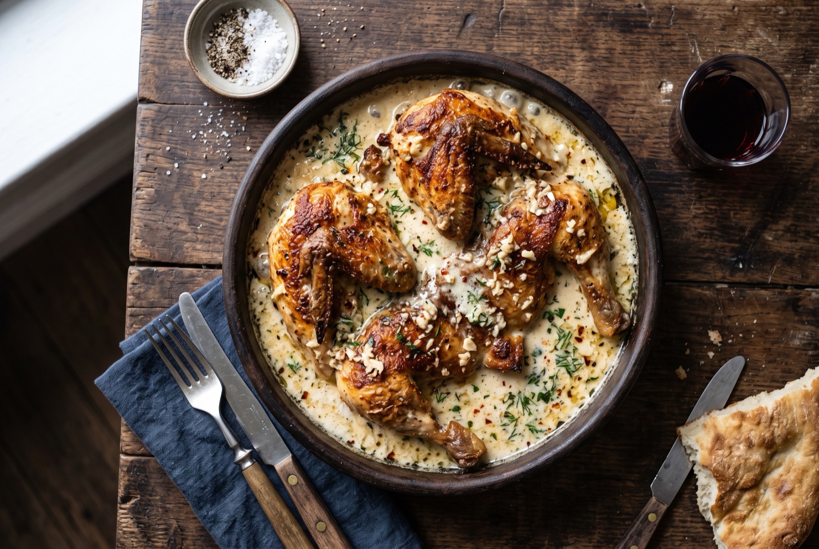 Crisp golden chicken pieces sitting in creamy garlic milk sauce in a black cast-iron pan