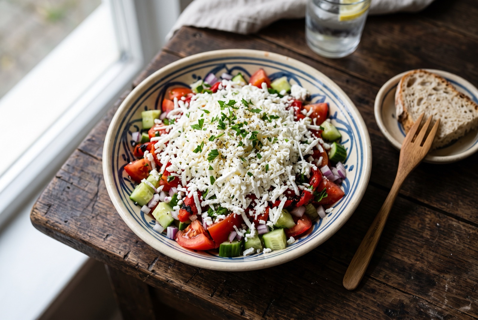 Bulgarian shopska salad in a shallow bowl, diced tomato and cucumber hidden under a thick mound of grated white cheese