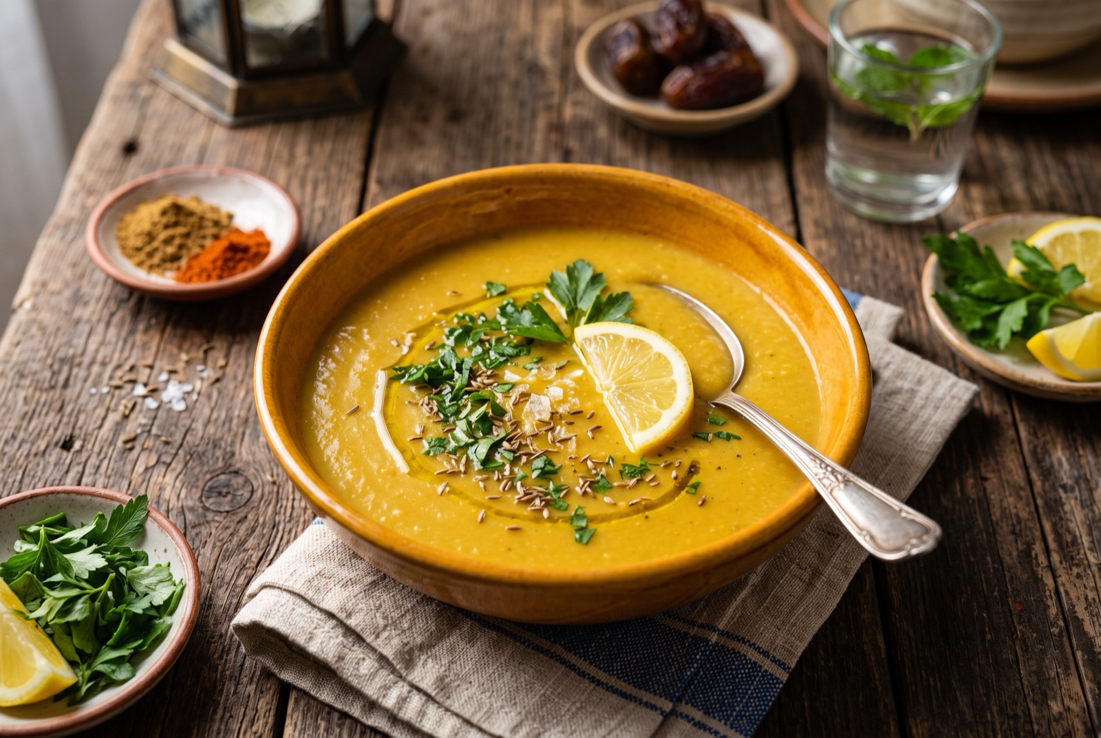 A bowl of smooth golden red lentil soup with parsley and a lemon wedge beside warm flatbread