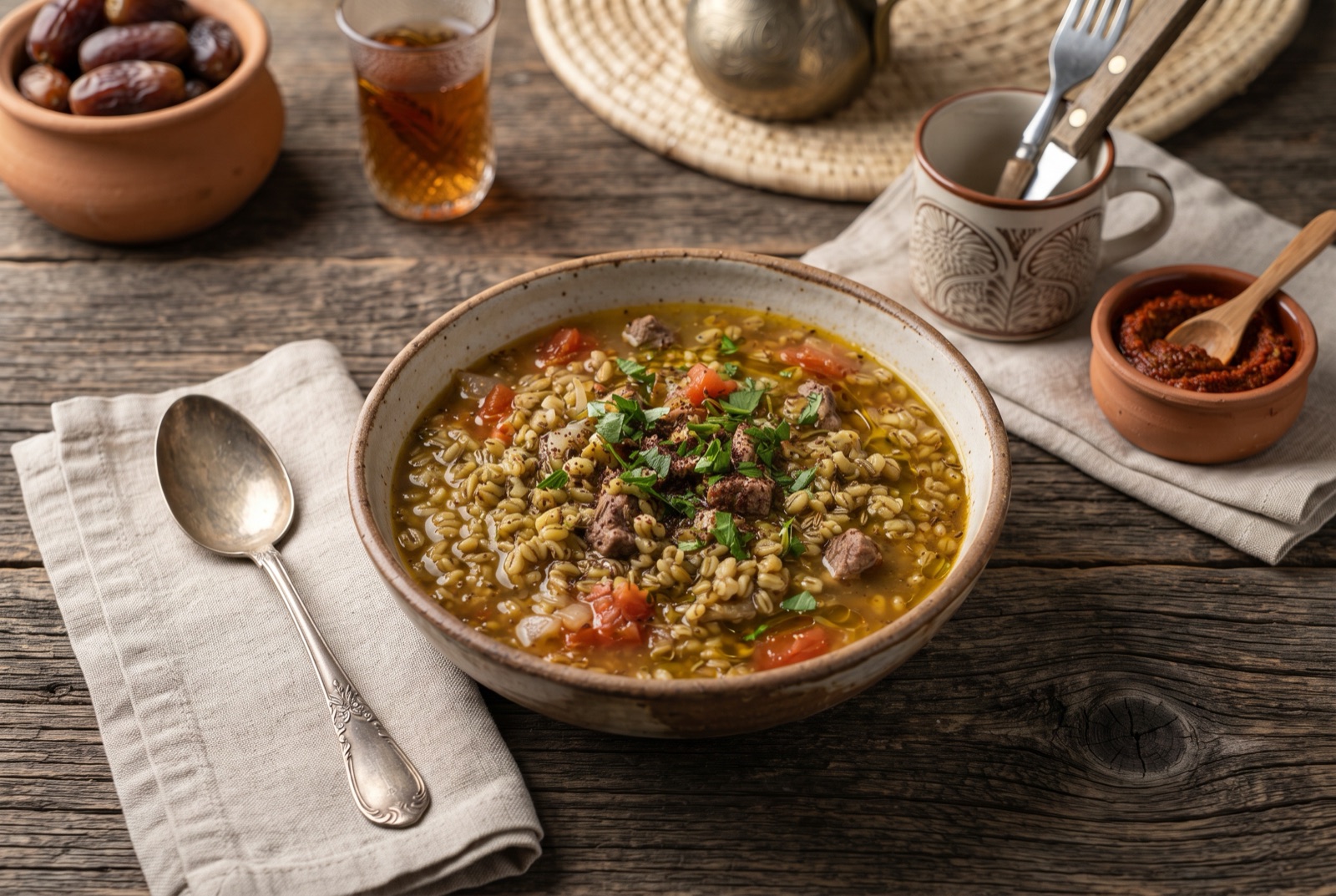 Bowl of thick Saudi freekeh soup with lamb, green wheat grains and parsley, lemon wedge and dates alongside