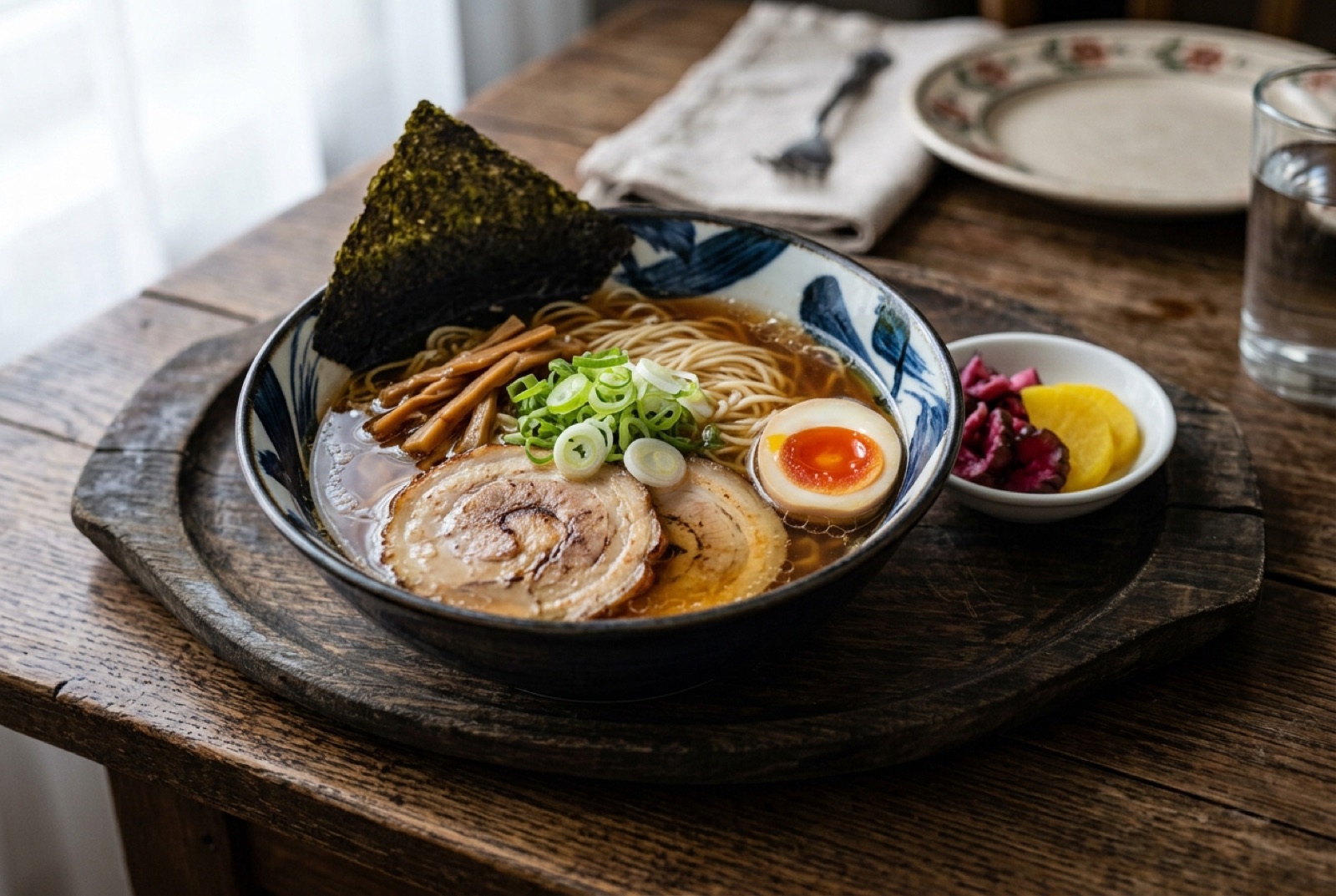 Bowl of Tokyo-style shoyu ramen with clear amber broth, noodles, marinated egg and scallions