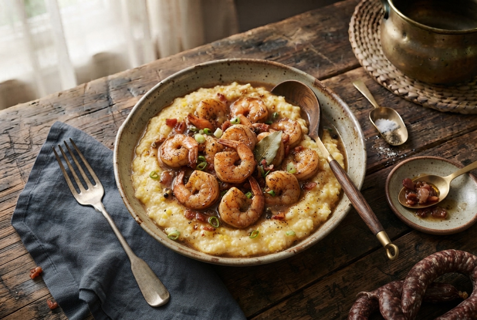 Wide bowl of creamy white grits topped with seared shrimp, crisp bacon pieces, brown pan gravy and sliced scallions