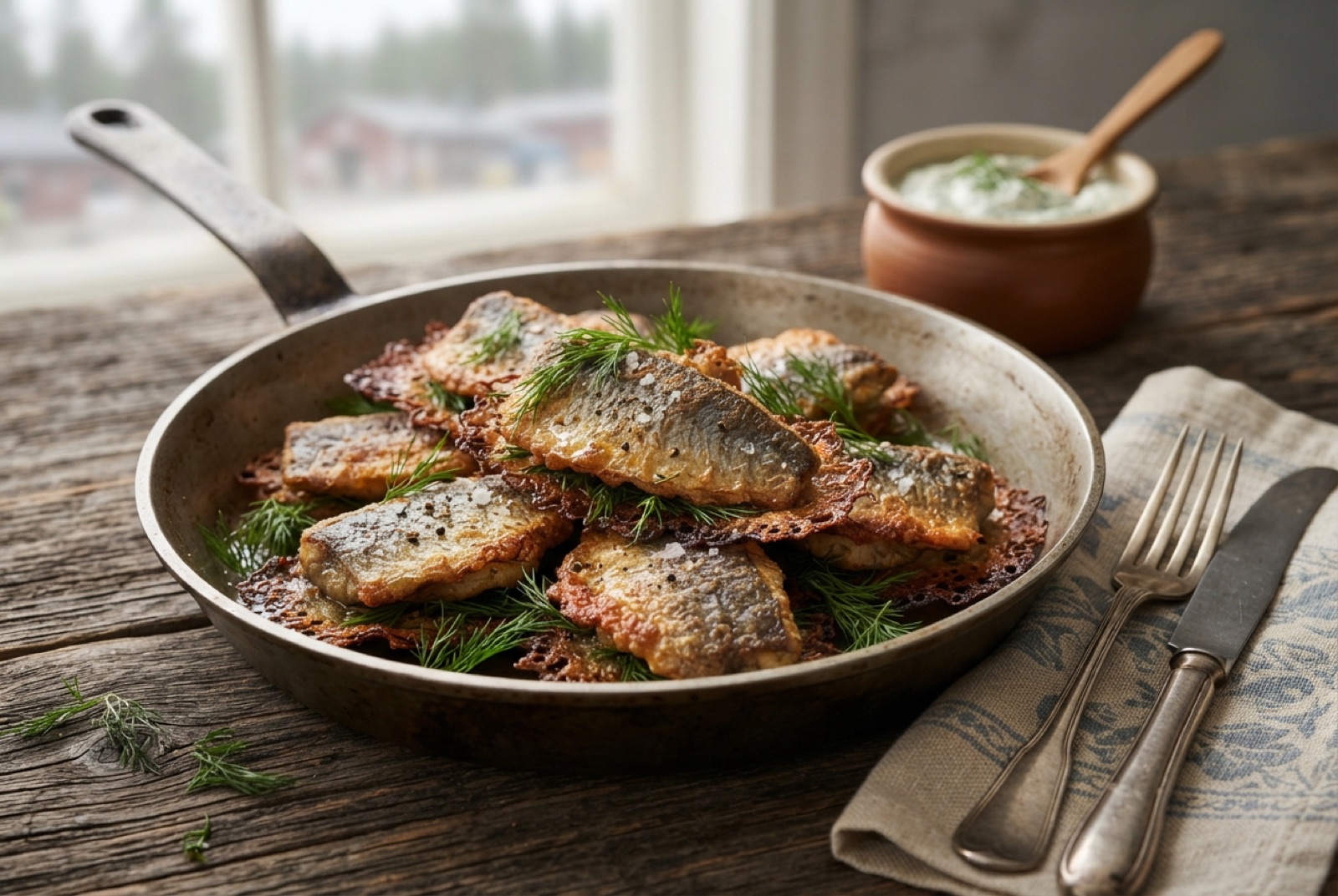 Rye-coated Baltic herring fillet pairs frying in butter, with dill visible between the fillets and lemon wedges
