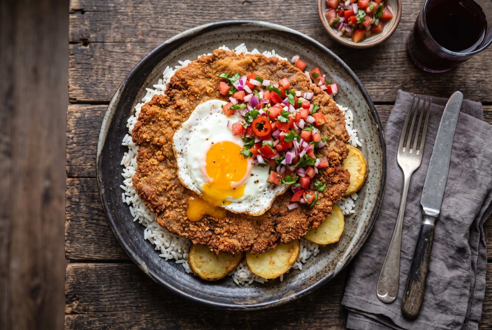 Bolivian silpancho plate with a wide breaded steak over rice and fried potato slices, topped with a fried egg and chopped tomato salsa