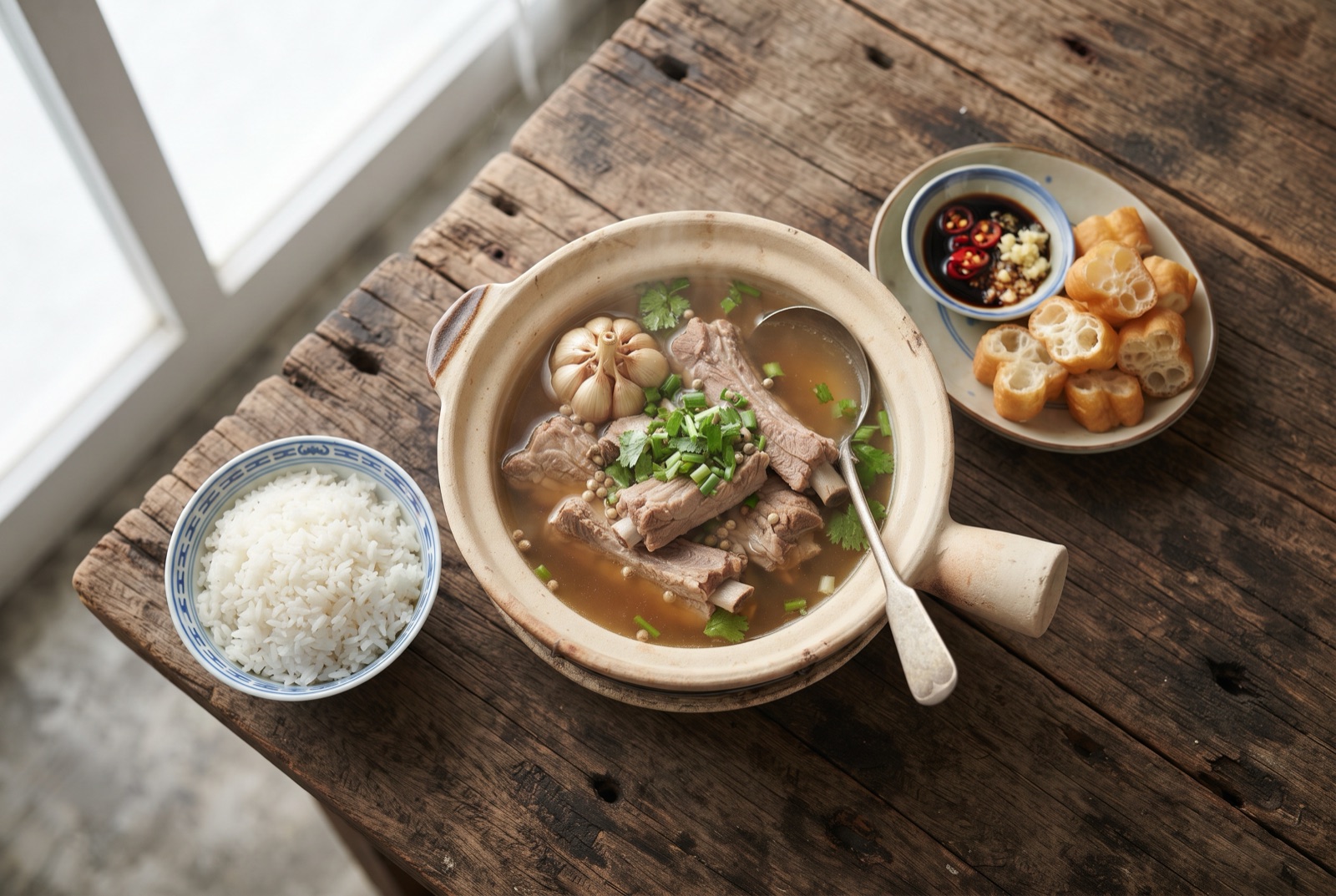 Bowl of clear peppery pork rib soup with a whole soft garlic head, beside rice and torn dough fritters