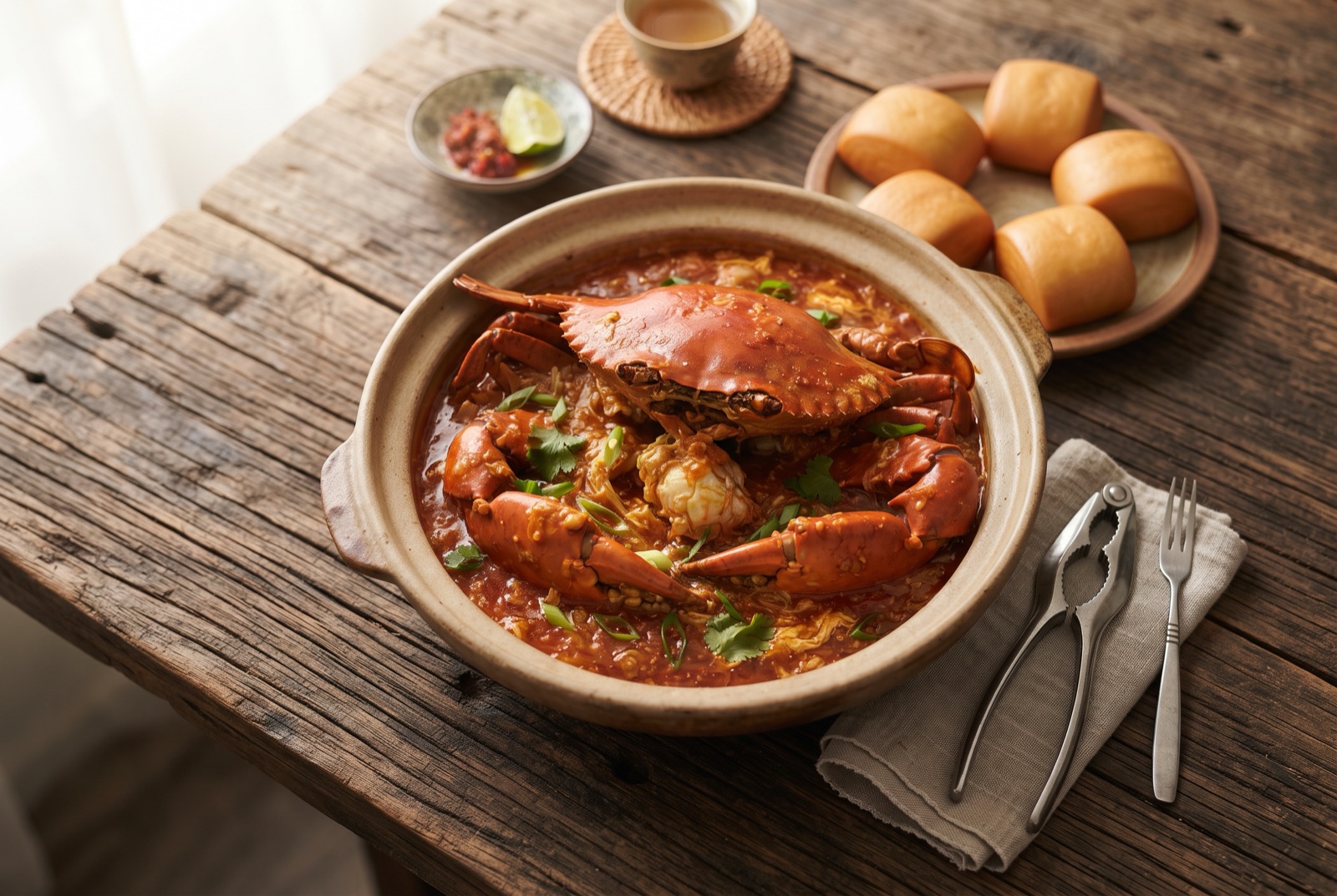 Cracked crab pieces coated in thick orange-red chile tomato gravy with egg ribbons, fried mantou buns alongside