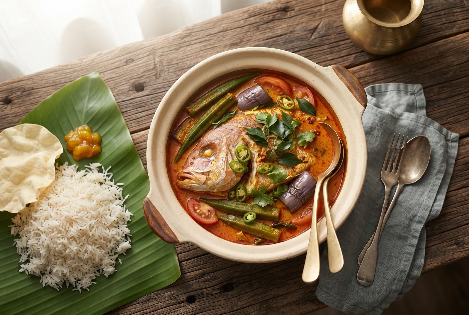 Split snapper head simmering in a red tamarind curry with whole okra, eggplant batons and curry leaves