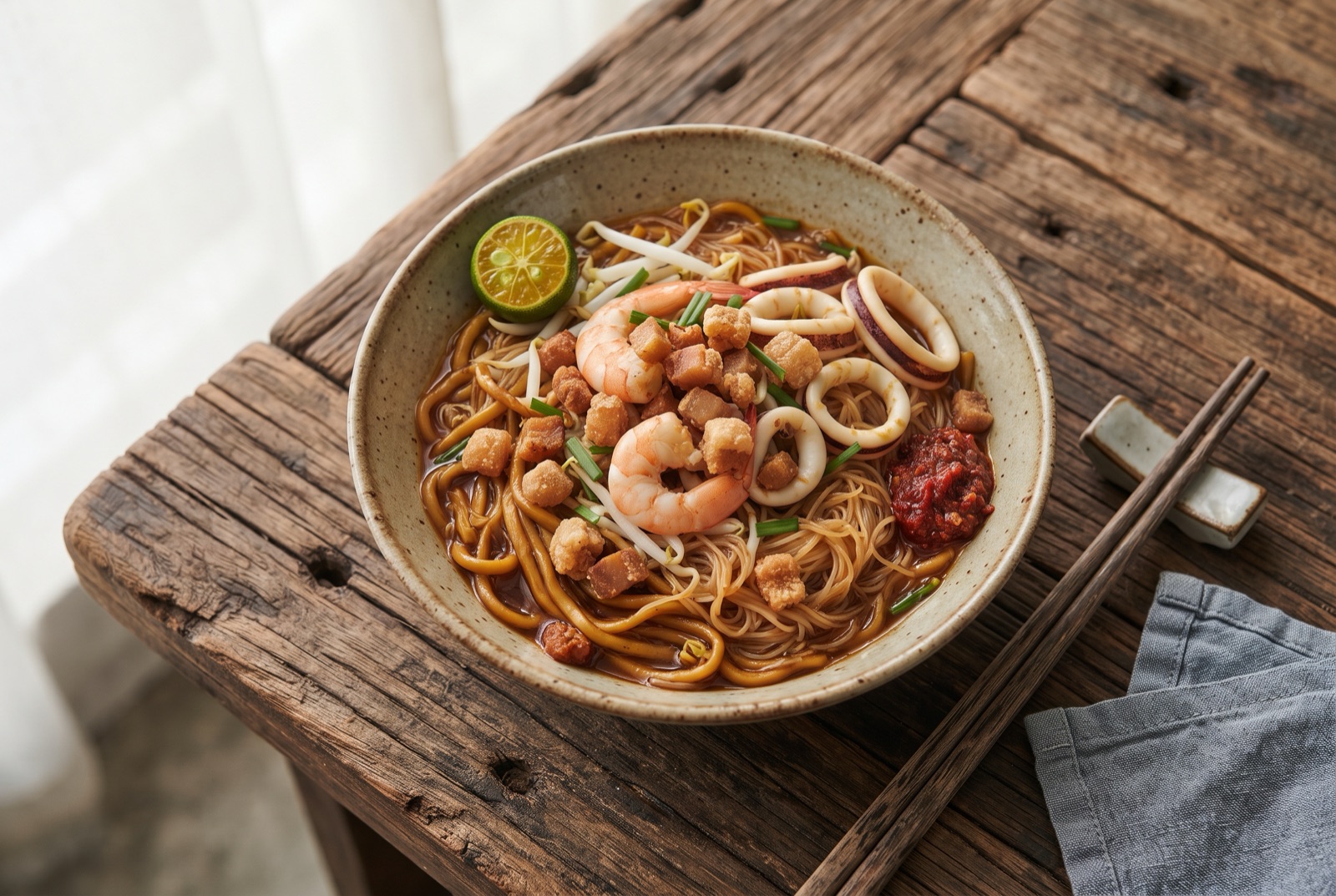 Glossy yellow noodles and vermicelli in prawn gravy topped with prawns, squid and crisp lard, with sambal and lime on the plate rim