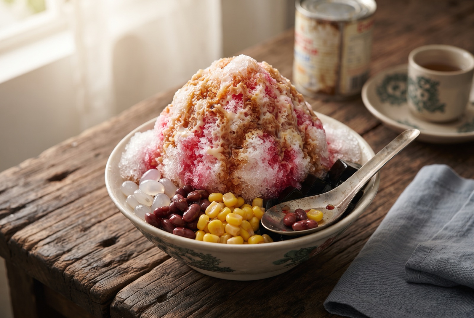 A tall mound of shaved ice streaked with pink rose syrup and dark palm sugar over red beans, corn and grass jelly