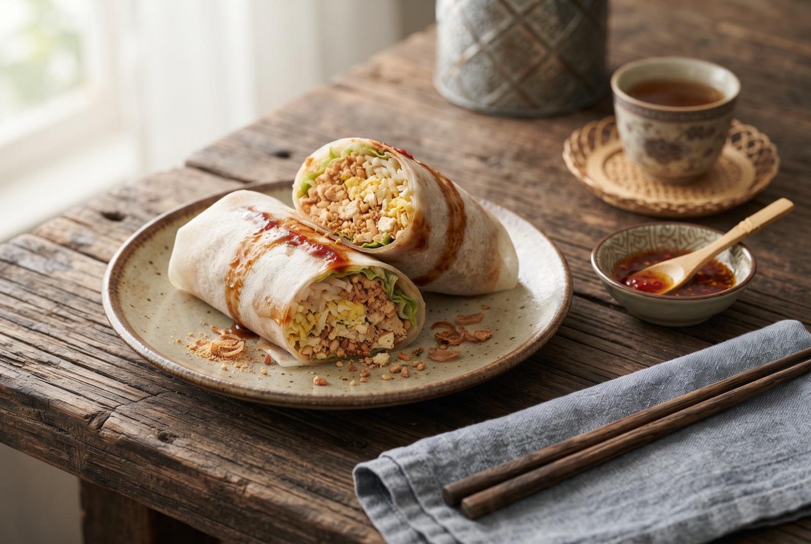 Sliced fresh popiah rolls showing braised jicama, shredded omelette, peanuts and lettuce inside a soft wheat skin