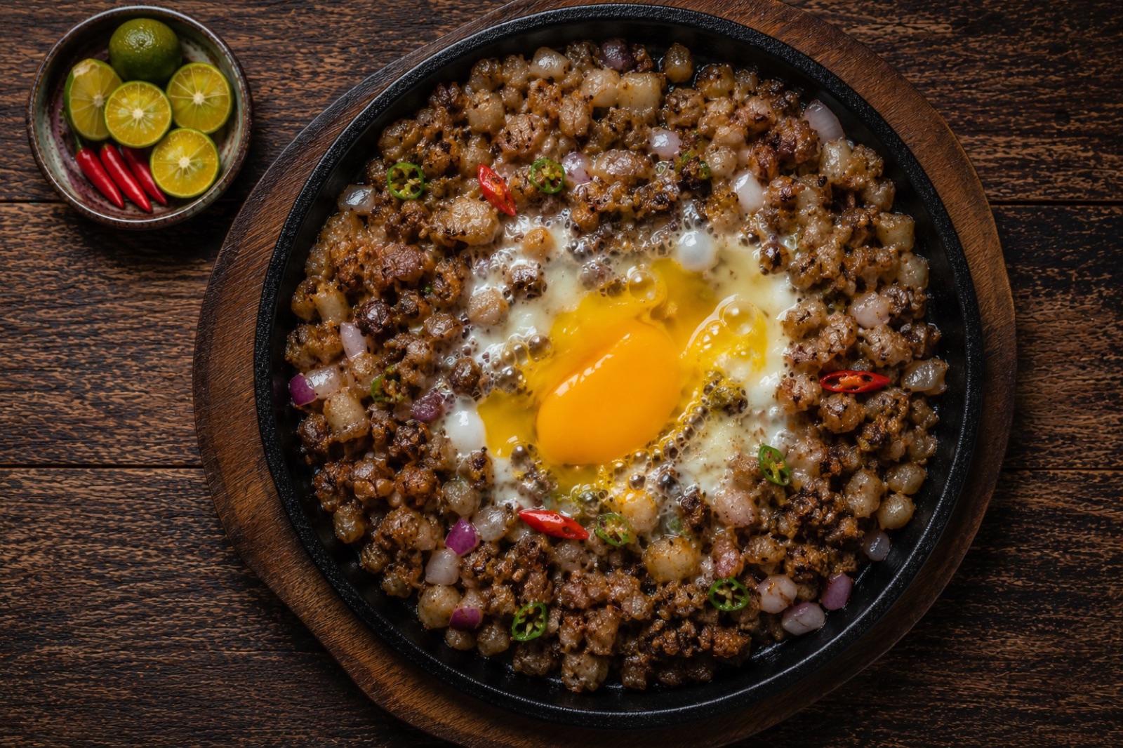 Sizzling cast iron plate of chopped pork sisig with red onion, chopped chiles, calamansi halves and a raw egg on top